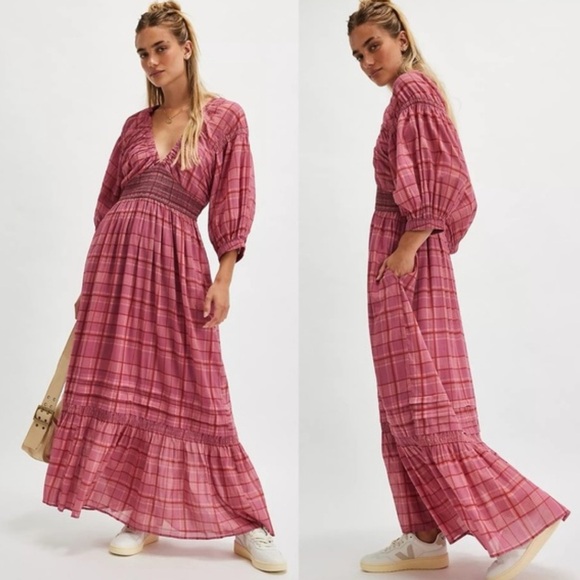 Free People Dresses & Skirts - Free People Pink Plaid Maxi Dress